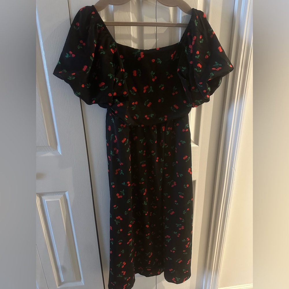Petal & Pup Black and Red Cherry Off-Shoulder Midi Dress